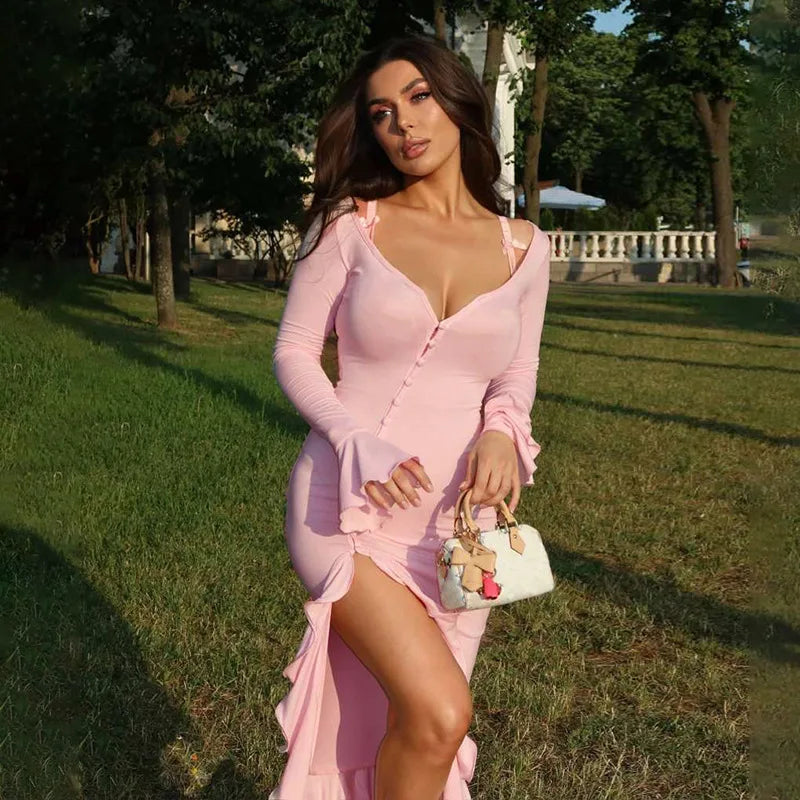 Sibybo Ruffles V Neck Bodycon Maxi Dress Women Fashion Single-breasted Flare Sleeve Side Split Irregular Party Dresses Robes