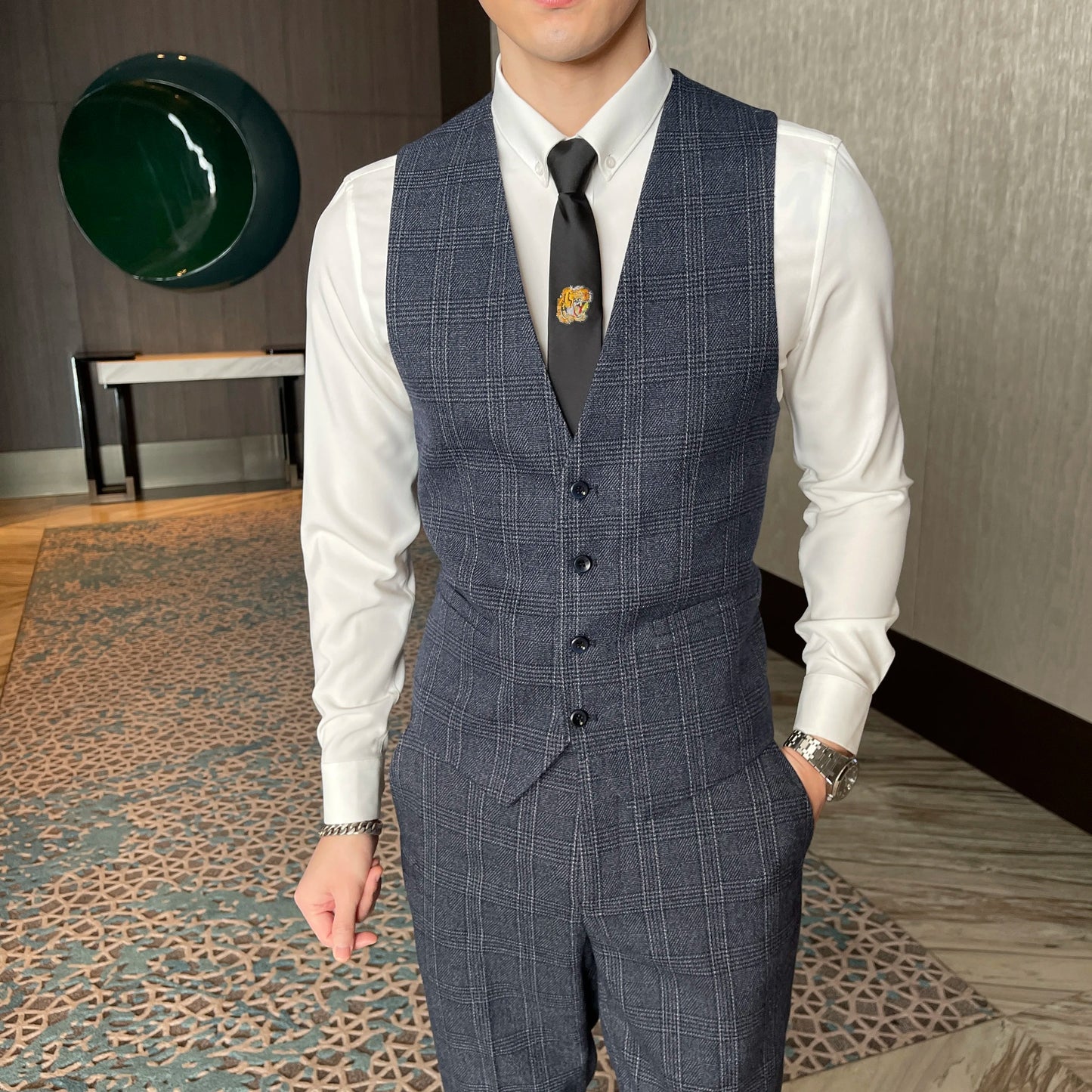 British Korean Style High Quality Modified Plaid Three-Piece Suit for Men - Stylish Business Casual Suit Vest And Trousers Set