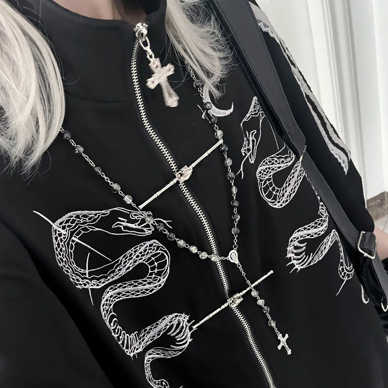 ストリートウェア パンク パーカー コート レディース 服 プリント ジッパー 半袖 スウェットシャツ カジュアル ファッション 夏 オーバーサイズ パーカー Y2K トップス