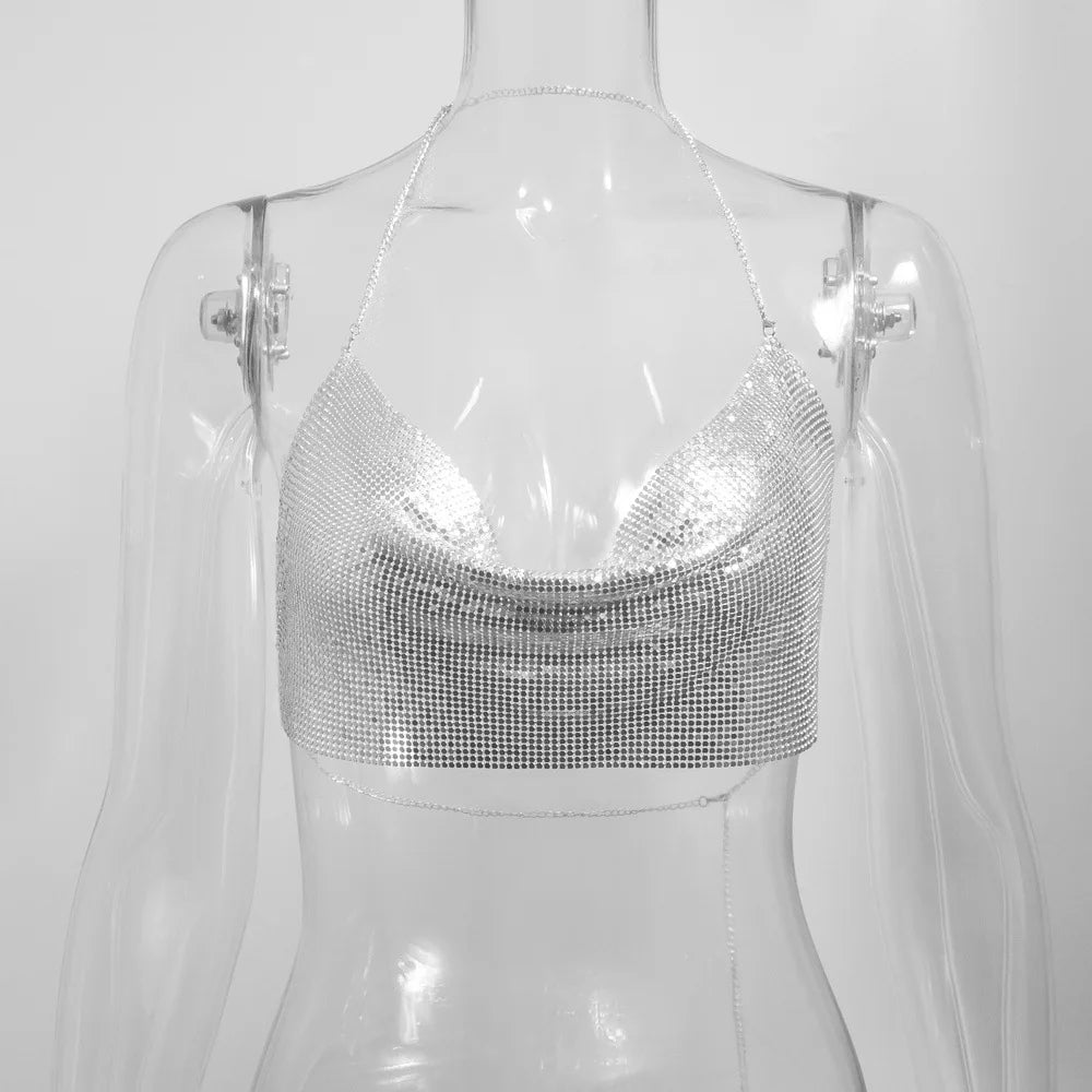 Glitter Metal Sequins Crop Tops For Women Sexy V Neck Backless Halter Tank Top Rave Party Nightclub Camisole Croppe