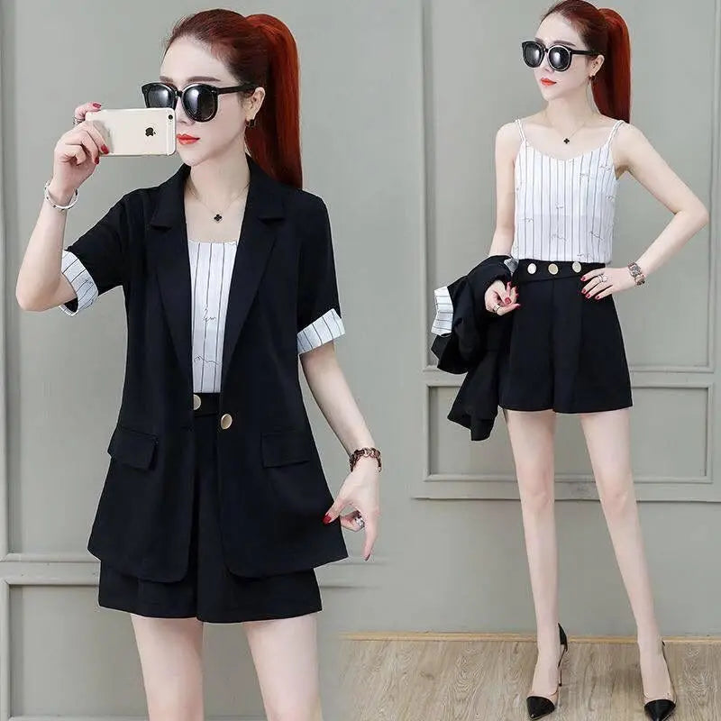 2025 Summer New Suit Jacket Shorts Suspenders Three-piece Women's Professional Wear Korean Fashion Blazers Coat Vest Pants Set