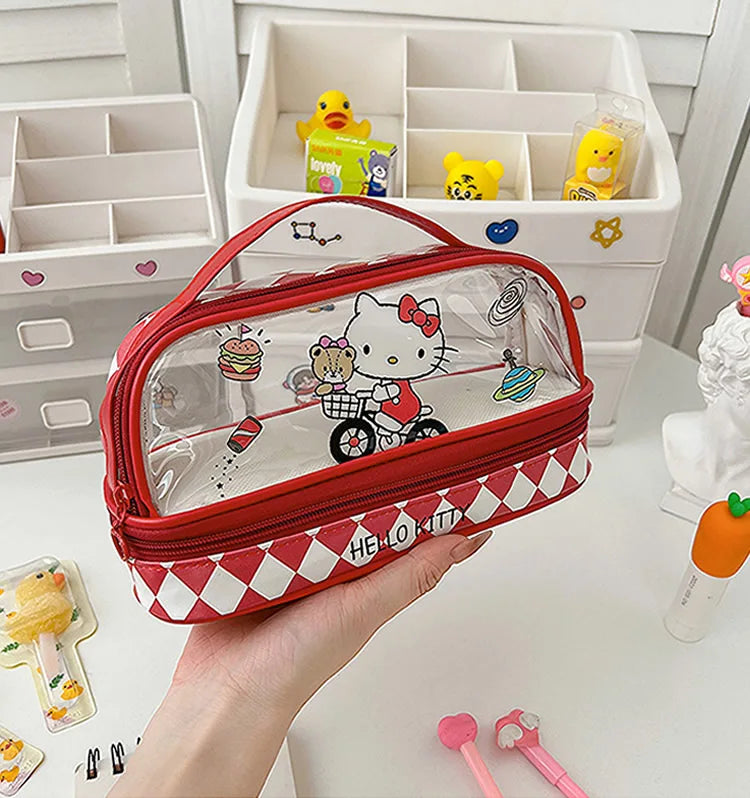Cartoon Hello Kitty Pencil Case Cute Sanrio Kuromi Large Capacity Double Layer Multifuntion Portable Pen Cosmetic Bag Kids Gift