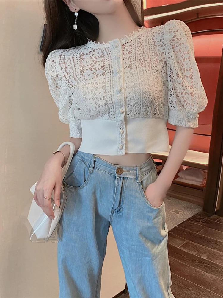 Woherb Sweet Crochet Top Blouse Women Sexy Hollow Out Shirt Vintage Puff Sleeve Korean Shirts Fashion Chic Tops Blusas