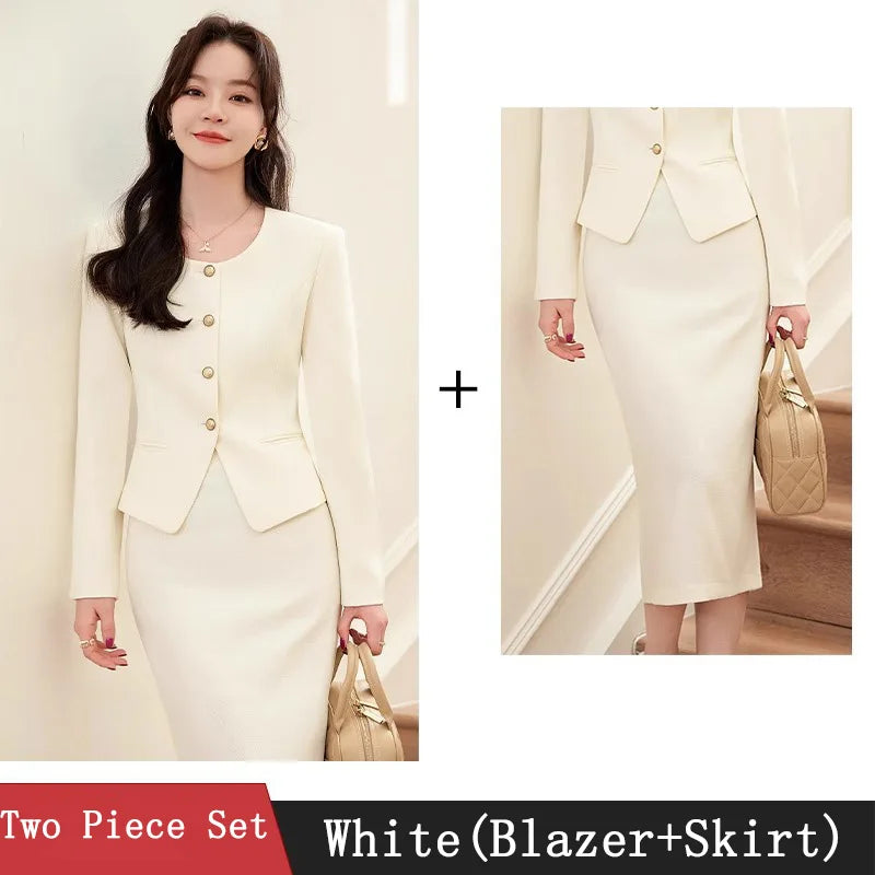 Spring Summer Long Sleeve Women Business Work Wear Suits with Skirt and Tops Formal Professional Office OL Styles Dress Sets