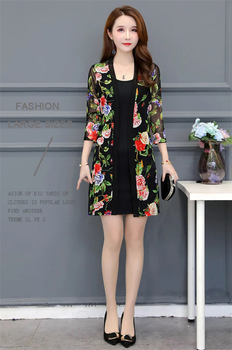 2024 Female Mid Length Large Size Sun Protection Cardigan Tops Coat Women Summer Gauze Lace Print Thin Sun Sunscreen Jacket 5XL
