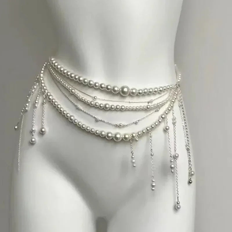 Y2K Designer belt Jewelry Multilayer Pearl waist chain for Women's Fashion Retro Character Playing Body Accessories Party Belts
