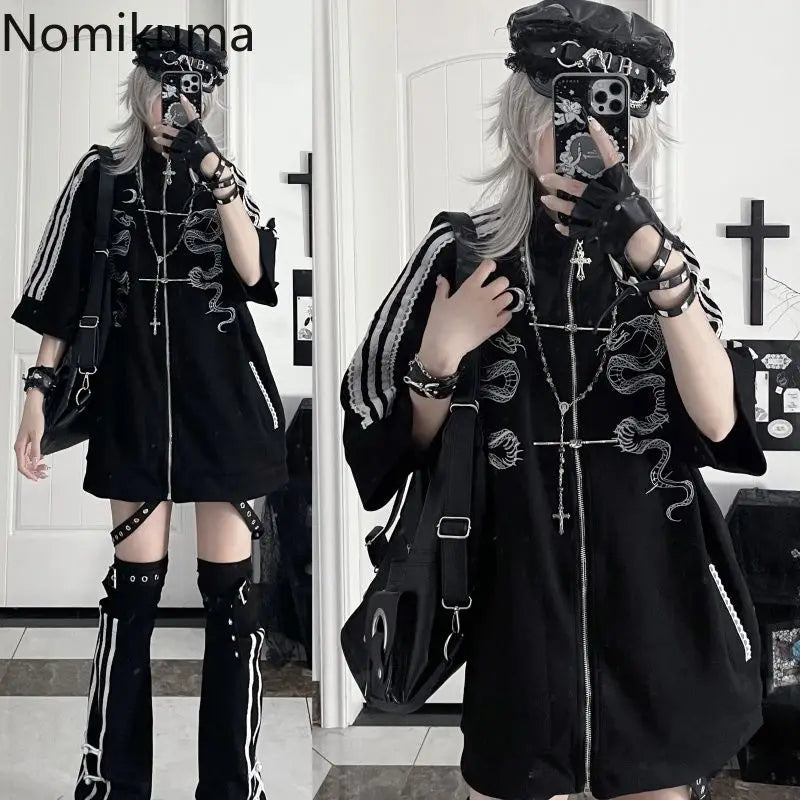 ストリートウェア パンク パーカー コート レディース 服 プリント ジッパー 半袖 スウェットシャツ カジュアル ファッション 夏 オーバーサイズ パーカー Y2K トップス
