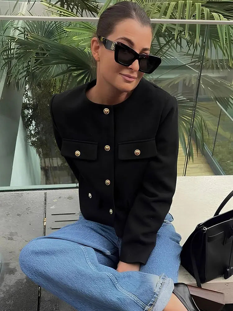 TRAFZA Women Vintage Solid Coat Button Long Sleeve O Neck Jacket With Pocket 2024 Autum Elegant Female Casual Outerwear Jakcet