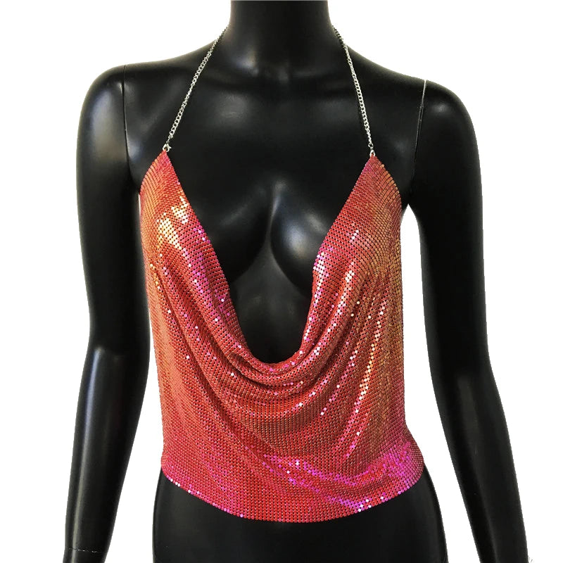 Festival Brilliant Rhinestone Backless Party Crop Top Women 2022 Summer Glitter Evening V Neck Diamonds Metal Tank Tops