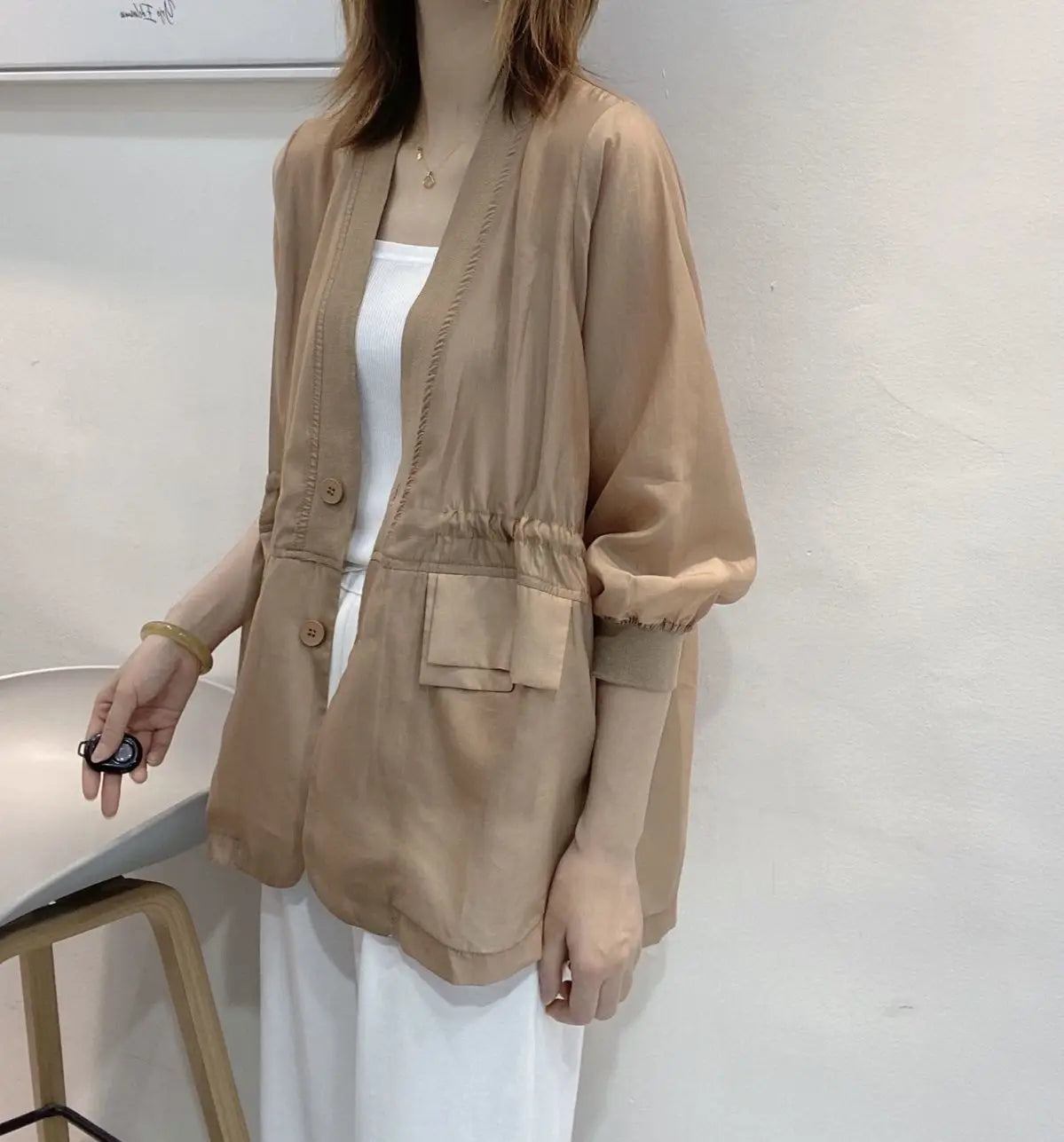 Plus Size Waist Tie V-neck Black Blazer Women Summer Cardigan Sunscreen White Jacket Korean Fashion Casual Pocket Outerwear New