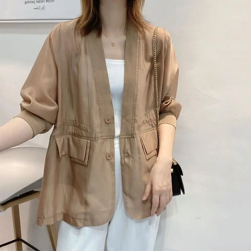 Plus Size Waist Tie V-neck Black Blazer Women Summer Cardigan Sunscreen White Jacket Korean Fashion Casual Pocket Outerwear New