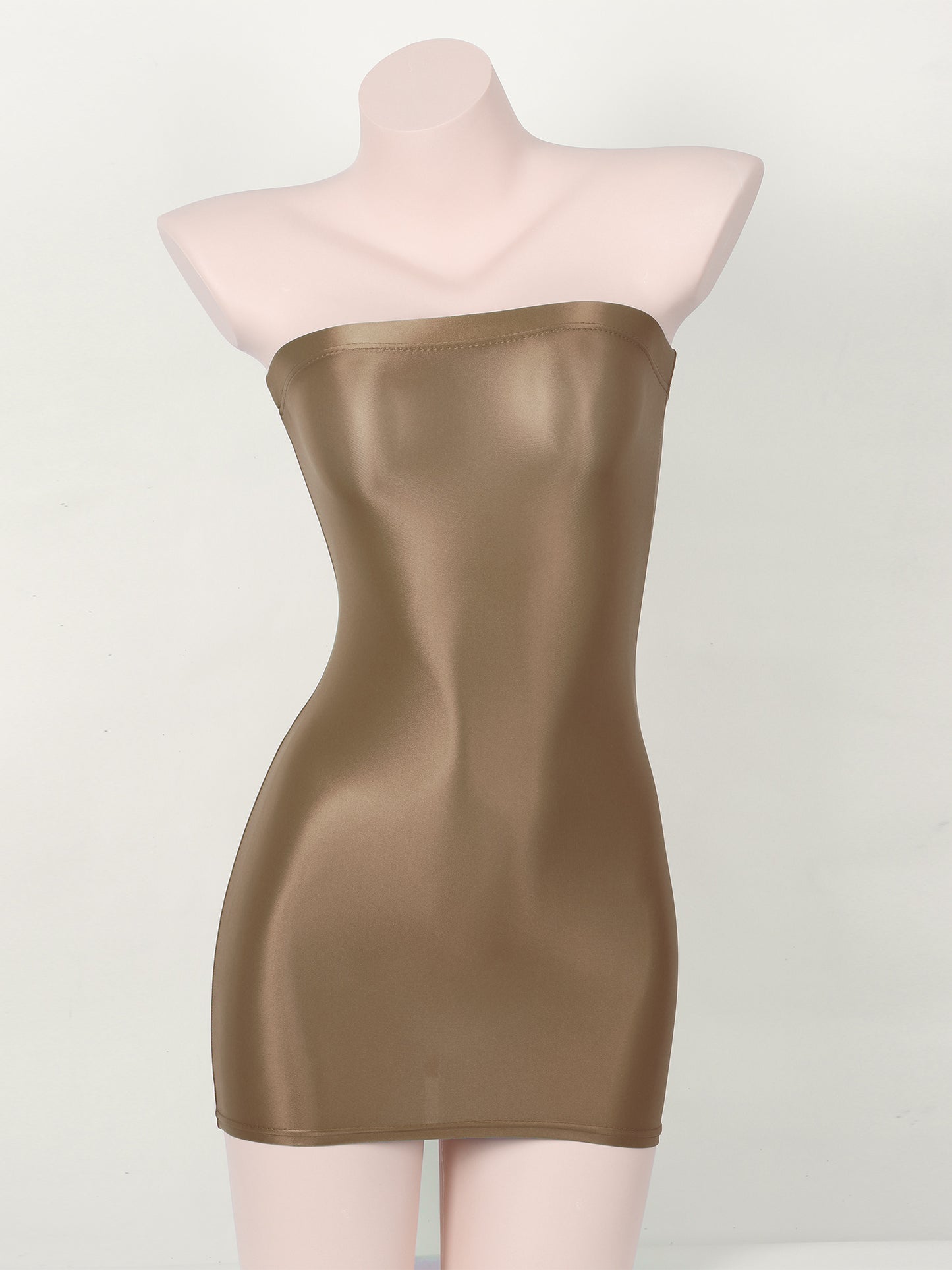 Sexy Women Oil Glossy Sheer Bodycon Dress Females See Through Strapless Pencil Dress Smooth Tight Mini Dress Clubwear