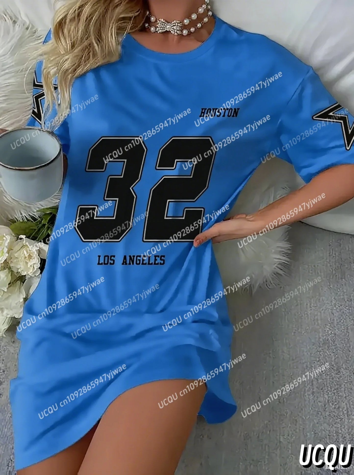 2025 Summer Women HUSTON 32 T-Shirt Dress Loose Casual O-Neck Lady Short Sleeve Pullover Dresses Women Clothing