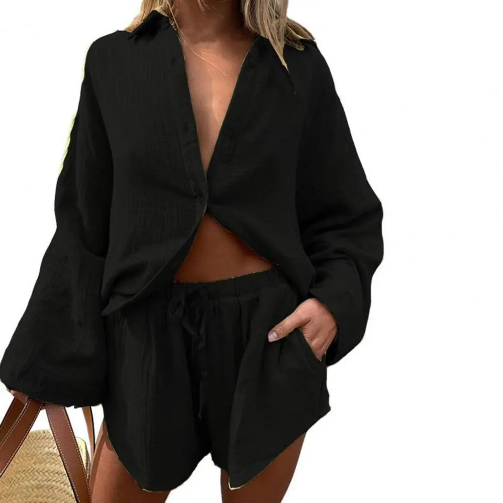 2 Pcs/Set Women Blouse Pants Set Solid Color Turn-down Collar Elastic Waist Deep Crotch Fall Shirt Shorts Suit Female Clothes