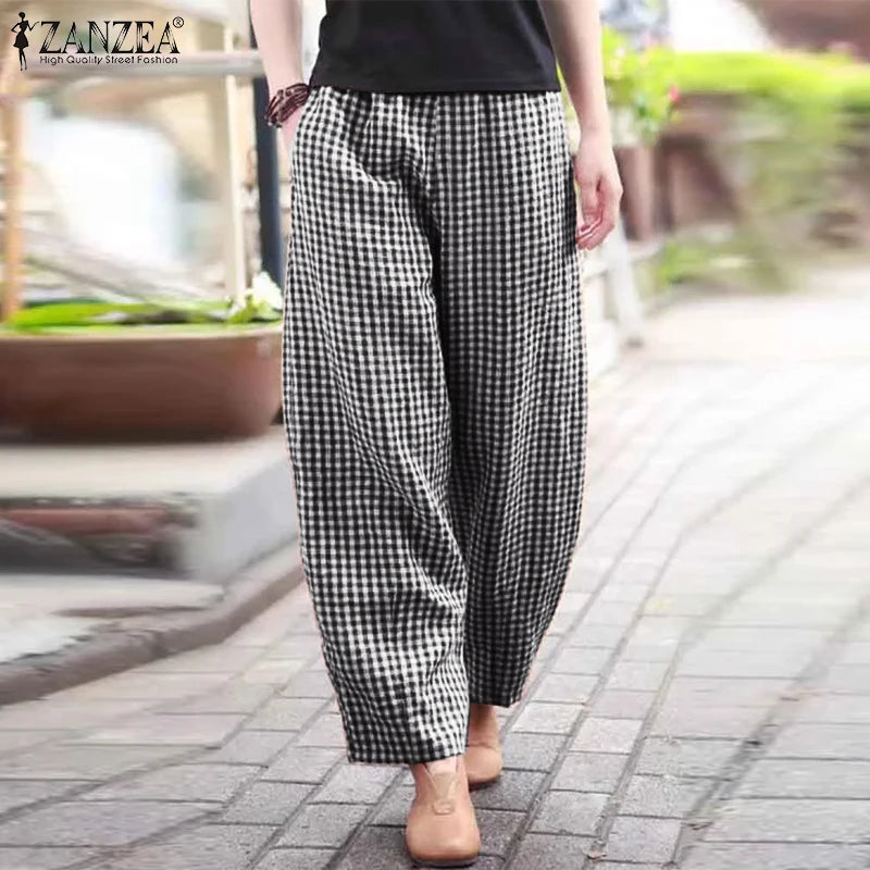 ZANZEA 2025 チェック柄パンツ レディース ファッション ランタンパンツ カジュアル ルーズ ロングパンツ 夏 ポケット 伸縮性ウエスト ボトムス オーバーサイズ