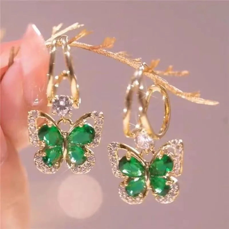 925 Silver Needle Vintage Green Crystal Butterfly Drop Earrings For Women Jewelry 2025 Trending Luxury Zircon Women's Earrings