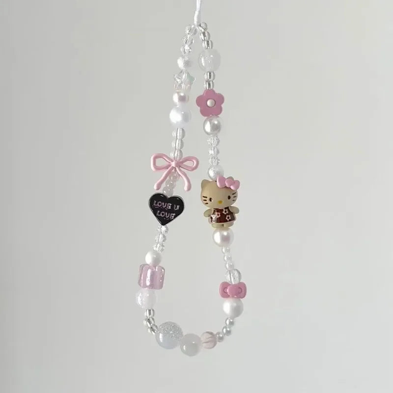 New Anime Cartoon Sanrio Hello Kitty Beaded Phone Chain Cute Girl Ccd Camera Backpack Pendant Decoration Friends Birthday Gift