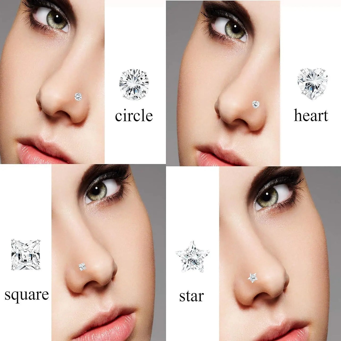 Fansilver 8Pcs 22G 925 Sterling Silver Nose Earring Rings Studs Tiny 3mm Assorted Shapes CZ Inlaid Nose Body Piercing Jewelry