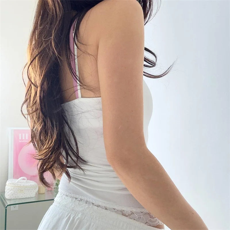Xingqing y2k Lace Trim Crop Top Women Fairycore Clothing Spaghetti Strap Sleeveless Camisole Bowith w Flower Coquette Clothes