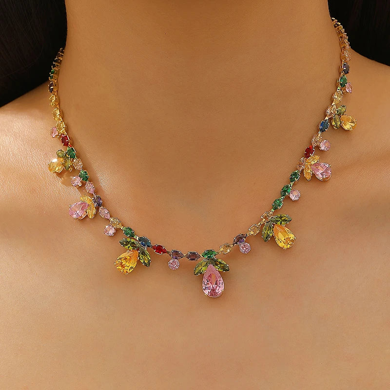 Colorful Zircon Flower Water Drop Charm Necklace Jewelry Sets for Women Elegant Luxury Earrings High-End Bestie Gift Accessories