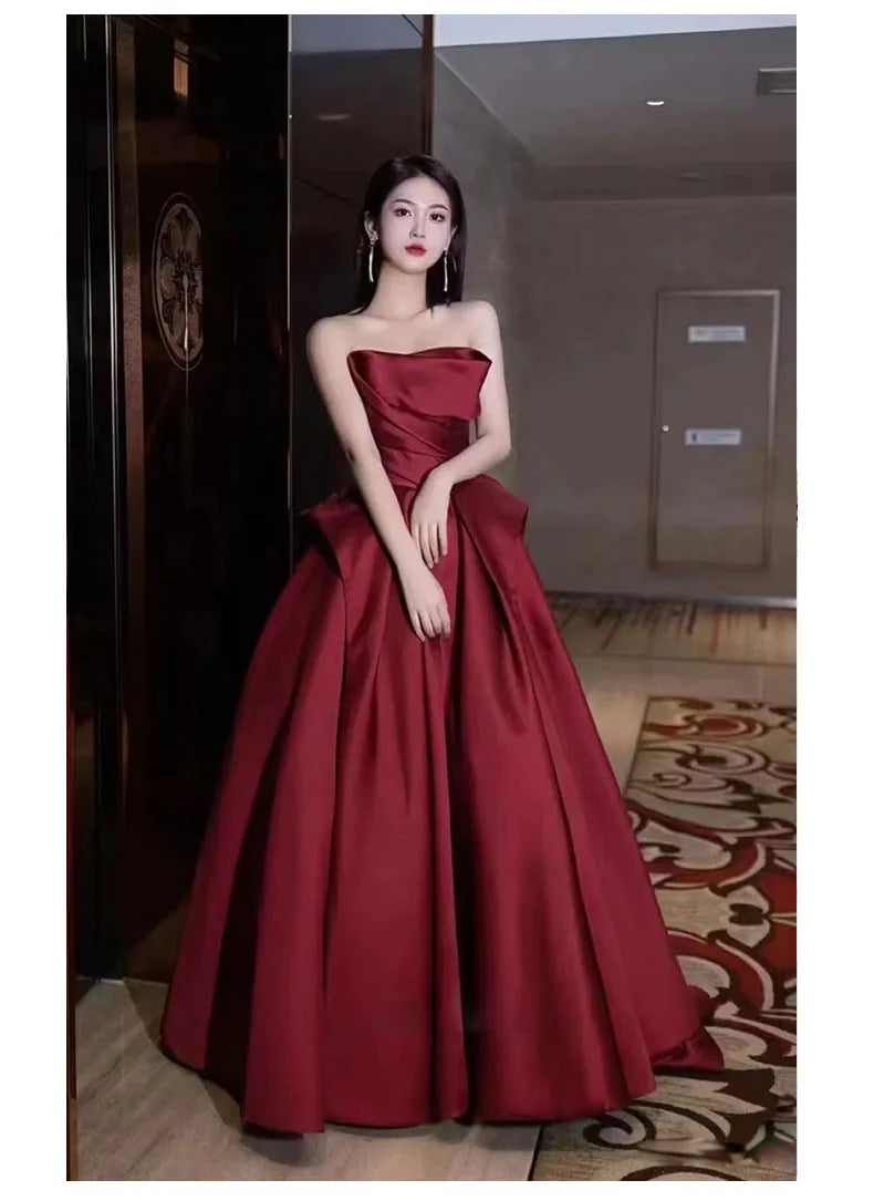 party dresses women evening satin strapless host evening dress female banquet temperament bride toast wine red black prom dress
