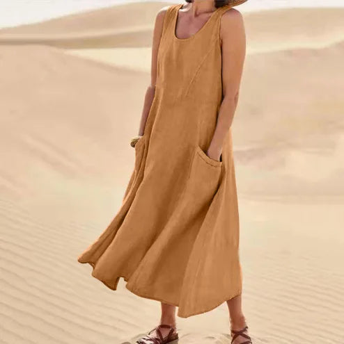 Chic Women Coton Linen Sundress Summer Female Sleeveless Double Big Pocket Loose Sand Beachwear Long Dress Oversized Vestidos