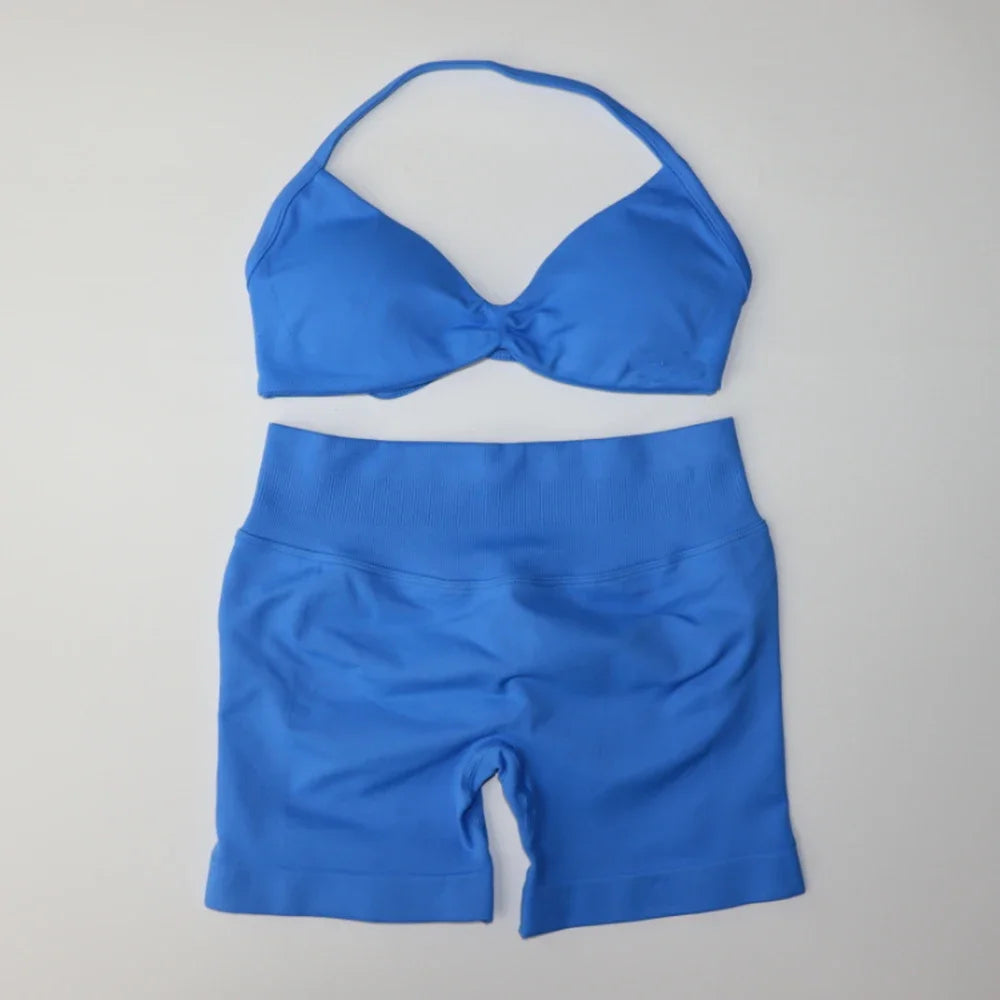 Gym Set Women Two Piece Strappy Yoga Bra Top Workout Scrunch Shorts Suit Fitness Clothes Seamless Sportswear Workout Set
