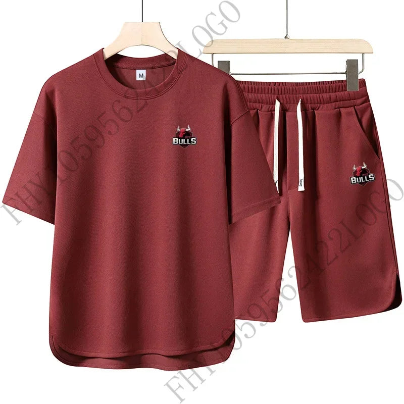 Men's new summer fashion sports suit casual fashion fitness jogging wear round neck T-shirt + breathable disconnect 2-piece set