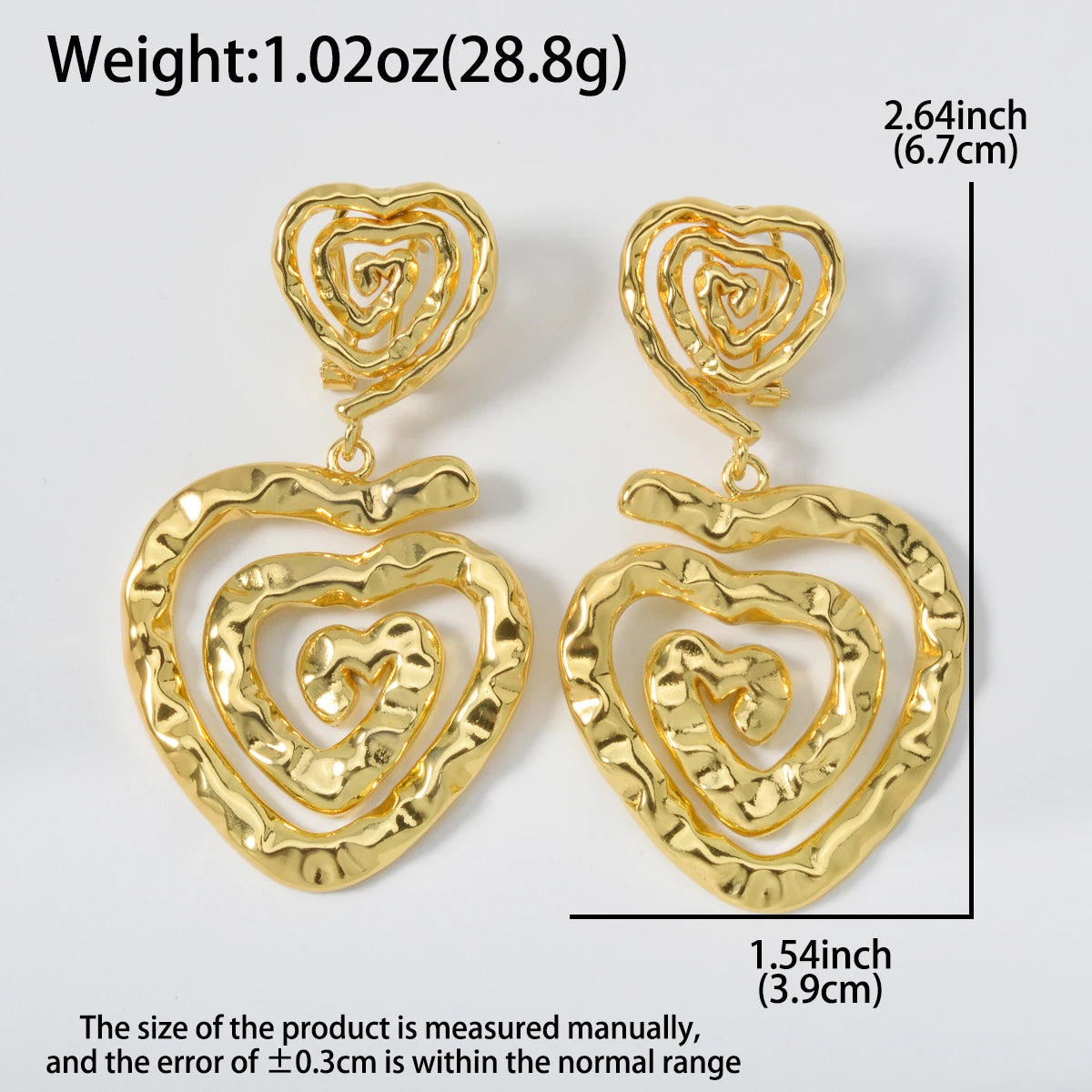 Gold Plated Hammered Heart/Round Spiral Drop Earrings Double Layer Statement Dangle Jewelry For Women Bohemian Vintage Style