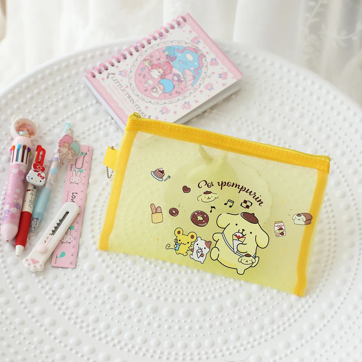 Kawaii Hello Kitty Stationery Bag Cute Cartoon Mesh Storage Bag Transparent Desktop Decoration Student Supplies Gift Wholesale