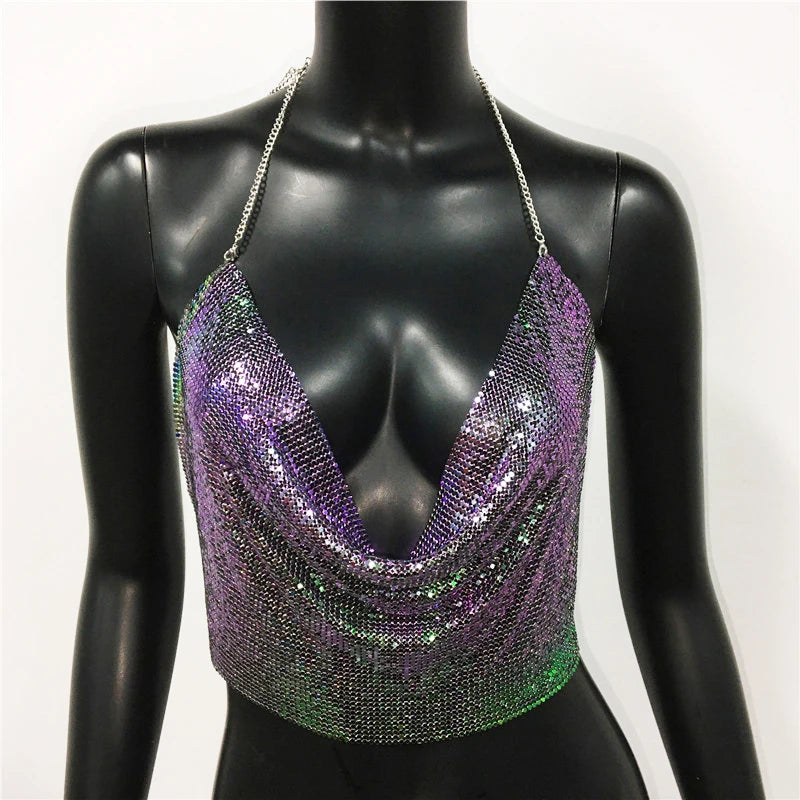 Glitter Metal Sequins Backless Camisole For Women Sexy Deep V Neck Halter Neck Sleeveless Tank Top Lady Nightclub Party Crop Top