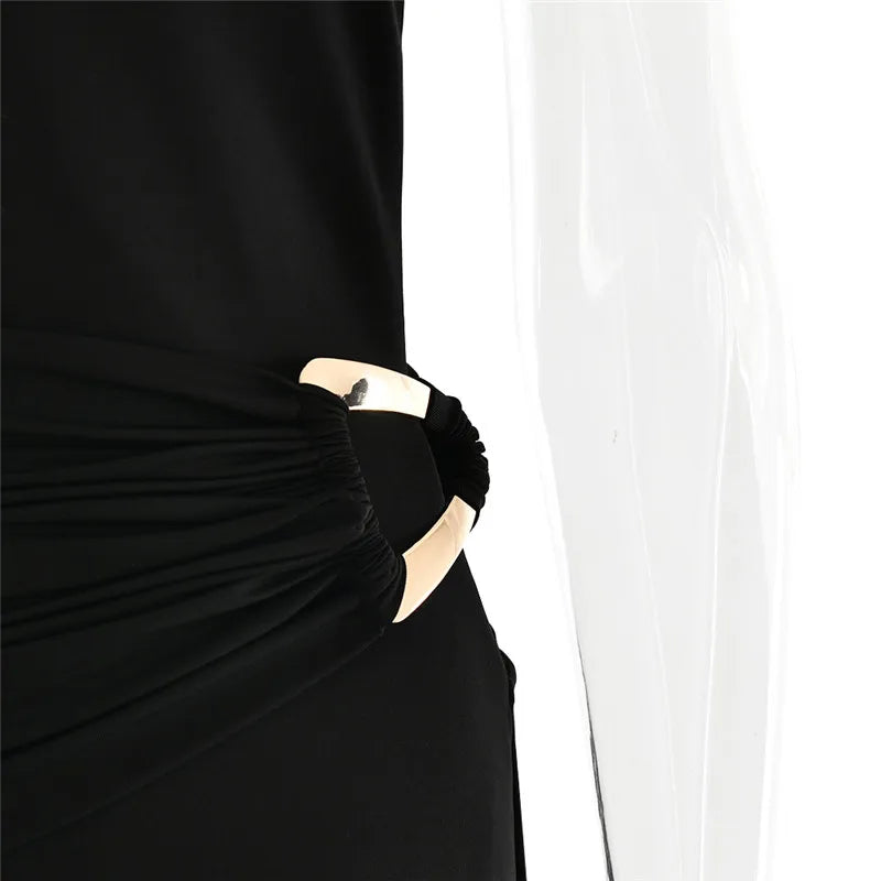 Sibybo Oblique Shoulder Sleeveless Ruched Maxi Dress For Women Gown Elegant Metal Rings Backless Bodycon Long Dresses Vestidos