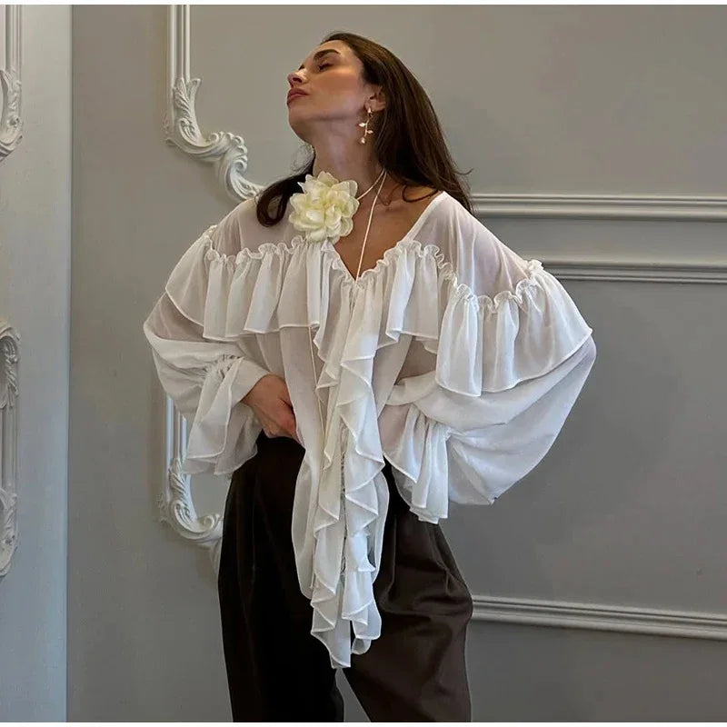 Talenza White Chiffon Shirt Women's Summer V-Neck Sexy See Through Shirt Beach Blouse Fashion Ruffle Patchwork Female Blouse Top