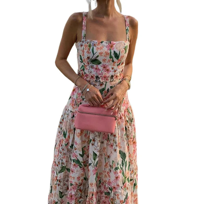 Summer Sexy Off Shoulder Vacation Long Dress Women Elegant Floral Print Hollow Party Dress Fashion Sleeveless Pleated Bohe Dress
