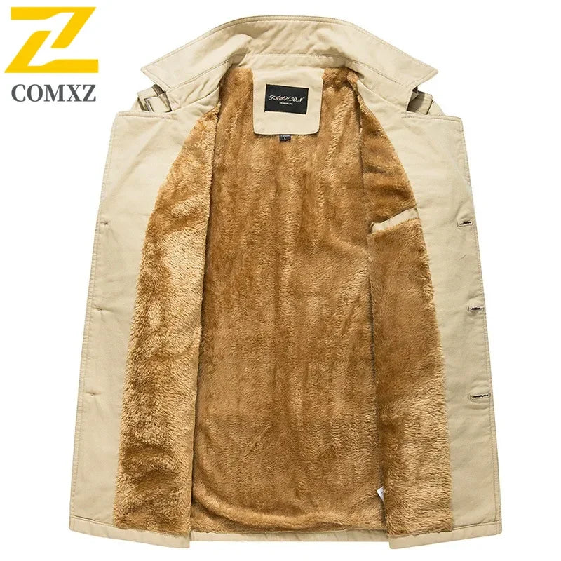 Men's Fleece windbreak 2024 Autumn and Winter New Solid Color Plus Size Casual Business Midi coat Men's Fashion Lapel Jacket