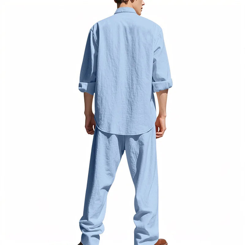 2025 New Spring and Summer Men's Suit Linen Casual Loose Breathable Long Sleeves Shirt Trousers 2Set of Beach Vacation Essential