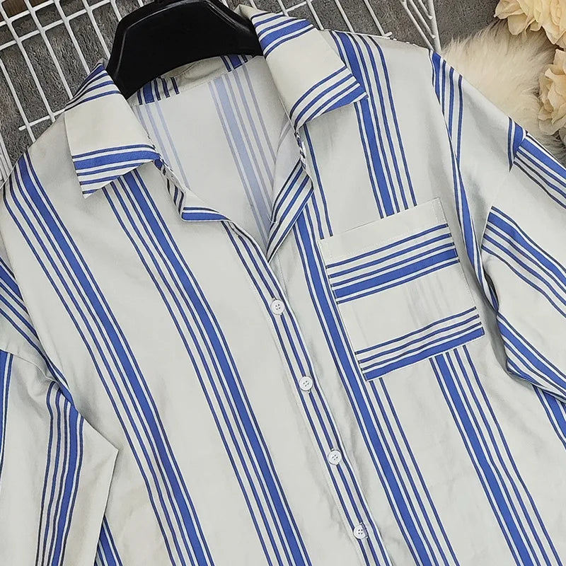 Casual 2 Piece Set For Woman 2025 Spring Summer Fashion Striped Print Shirts Tops And Shorts New In Matching Short Sets Outfits