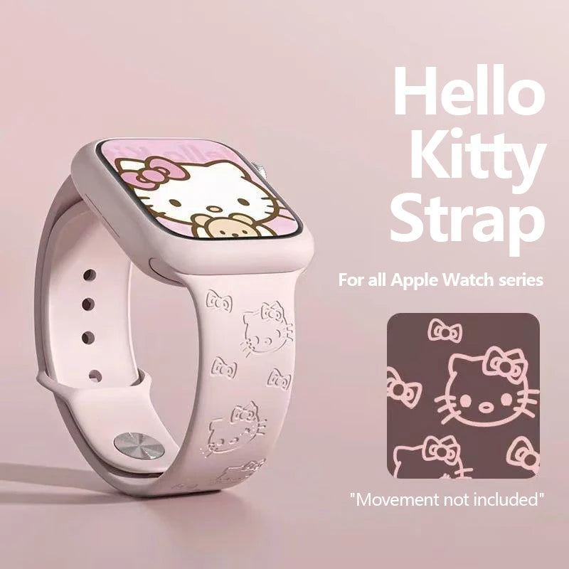 ハローキティとスティッチのシリコンバンド、Apple Watch用、38-45mm、Saniro製、3Dレーザー彫刻、iWatchシリーズSE、7、5、6、8、9、Ultra 2対応