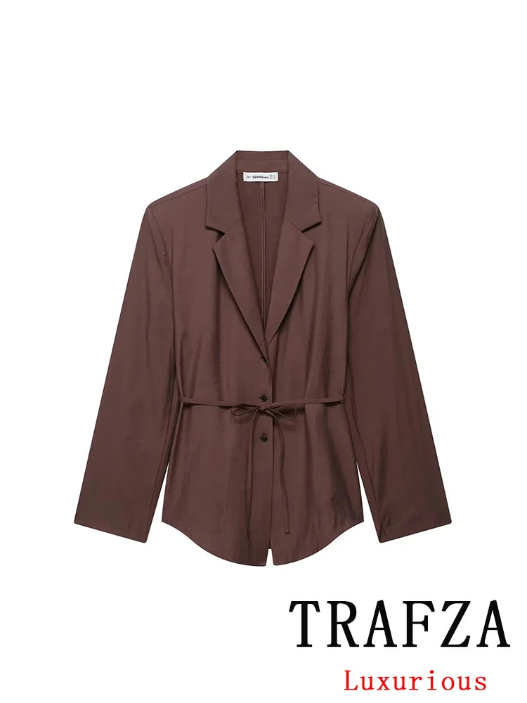 TRAFZA Casual Office Lady Chic Women Suit Solid Sashes Single Breasted Blazer Zipper Shorts New Fashion 2025 Spring Summer Sets