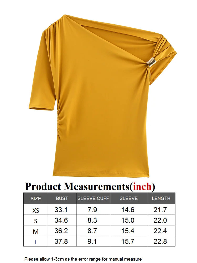 TRAF GAL 2025 Summer Thin Women Tees Short Sleeve Metal Detail Ruched Elastic Slim Asymmetric T-Shirt Female Crop Top Y2K