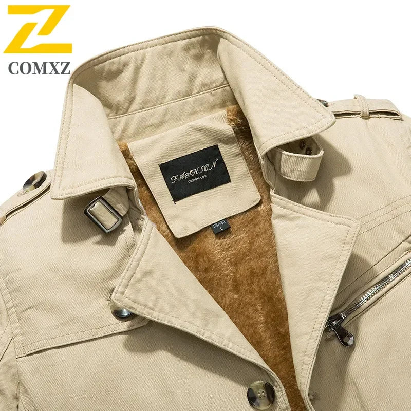Men's Fleece windbreak 2024 Autumn and Winter New Solid Color Plus Size Casual Business Midi coat Men's Fashion Lapel Jacket