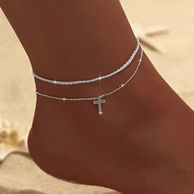 Sparkling Thin Chain Anklet For Women Zircon Heart Cross Pendant Double Layer Bracelet On Leg Foot Trendy Summer Beach Jewelry