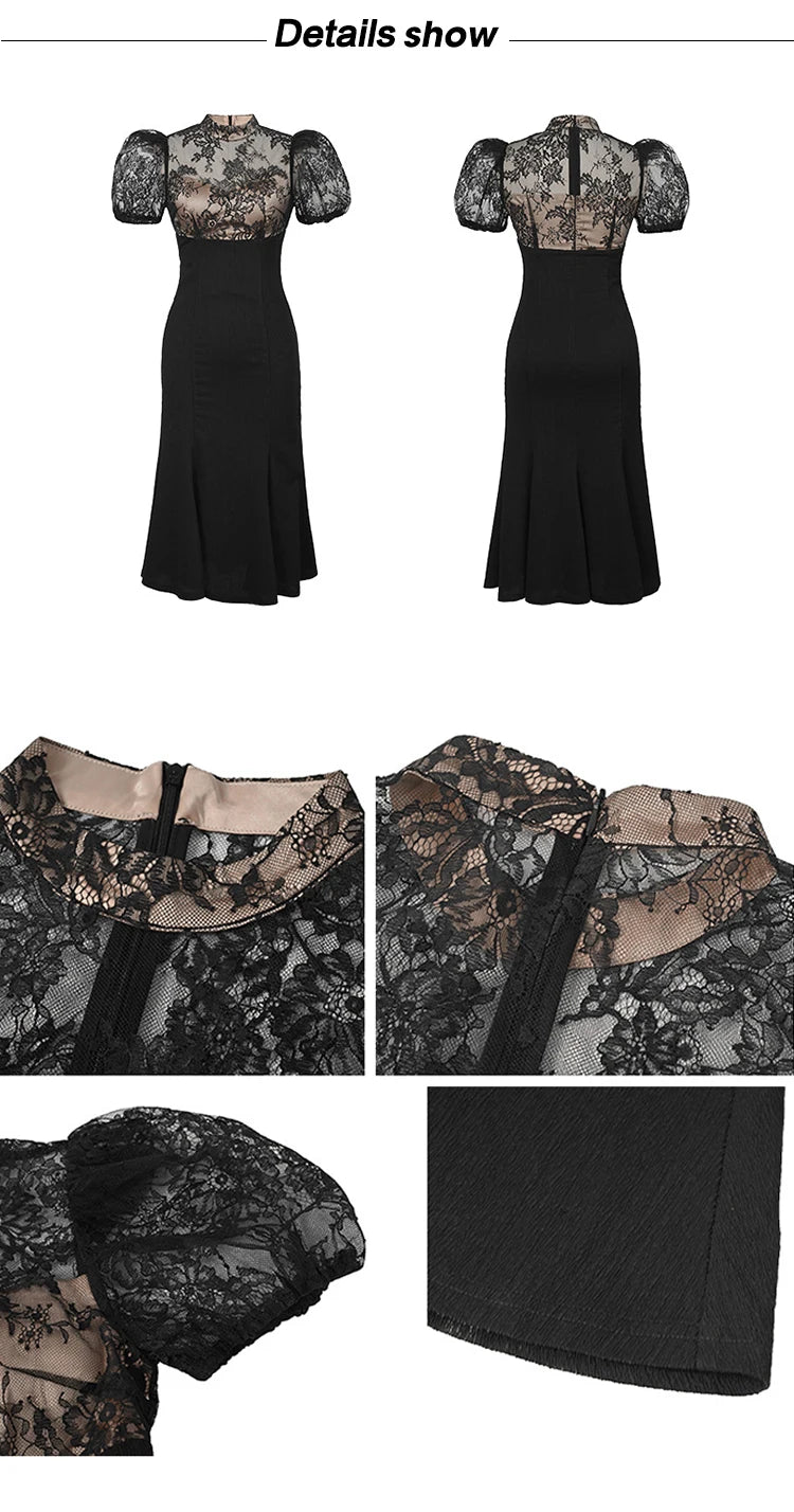 Elegant Style Long Dress Women Retro Chic Sexy Black Sheer Lace Spliced High Waist Fishtail Robe Femme Party Prom Vestidos Mujer
