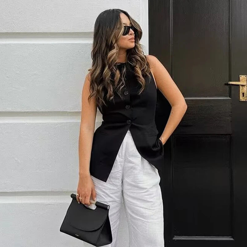MUJER 2025 White Sleeveless Vest Women Button Summer Vests for Women Jacket Pink Vest Top Women Streetwear Women's Tailored Vest
