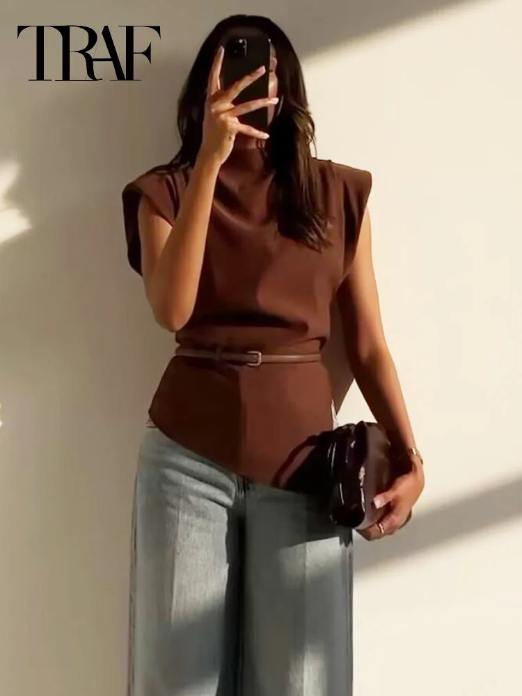 TRAF 2025 Women Top Ruffled Asymmetric Tops For Women Tanks & Camis Ruched Sleeveless Tops Vest Burgundy Brown Black Tank Tops