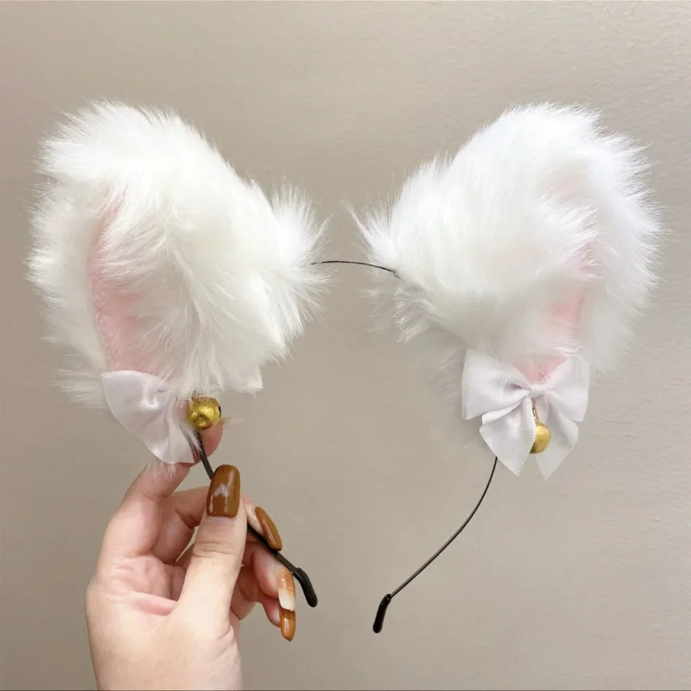 2Pcs Sexy Cat Ears Women Plush Bell Headband with Bell Heart Neckchain Cosplay Masquerade-Party Costume Hair Accessories