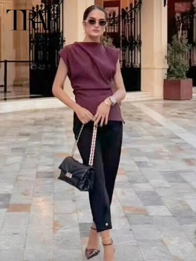 TRAF 2025 Women Top Ruffled Asymmetric Tops For Women Tanks & Camis Ruched Sleeveless Tops Vest Burgundy Brown Black Tank Tops