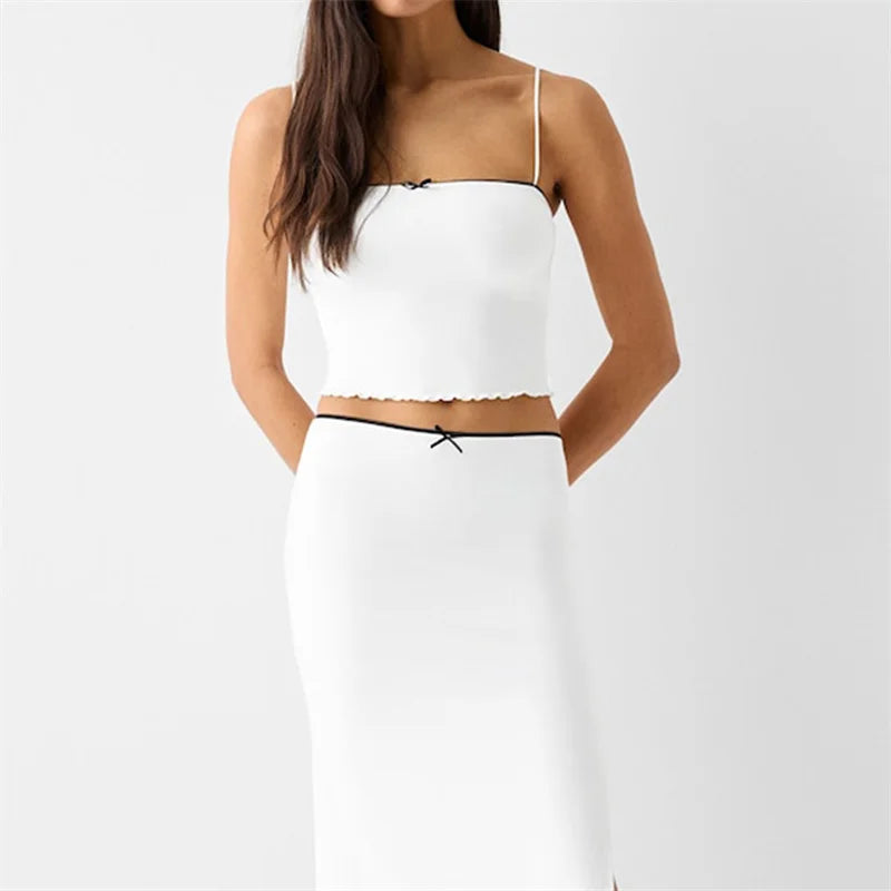 Lamuusaa Sexy Crop Tops Women 2024 Solid Color/Graphic Print Spaghetti Strap Sleeveless Camisole with Bow Summer Streetwear
