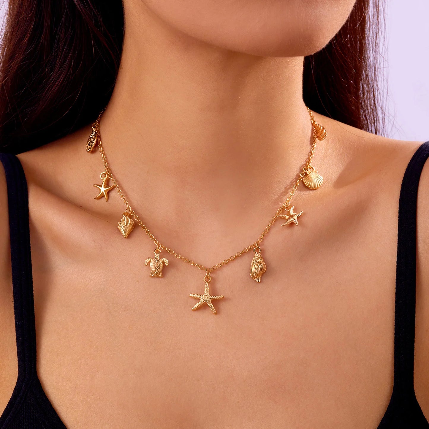 Bohemian Starfish Shell Conch Turtle Pendant Necklace for Women Imitation Pearl Charm Chain Necklace Beach Jewelry Vacation Gift