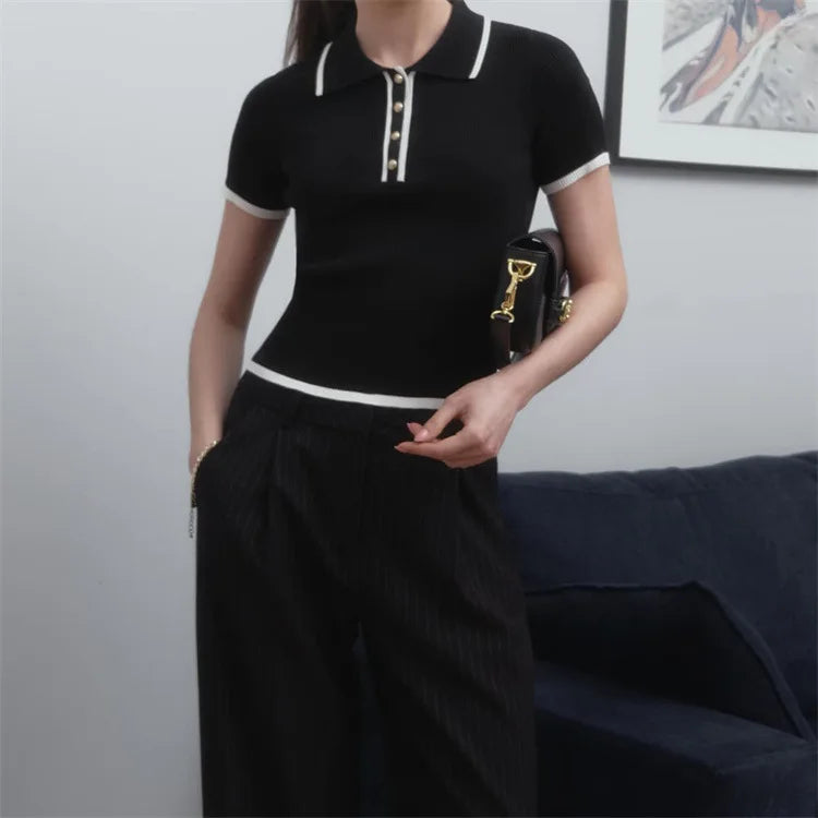 Knit Sweater Pullover Women Short Sleeve Patchwork Slim Lapel Elegant Contrast Knitwear Top Female Skinny Ribbed Pullover